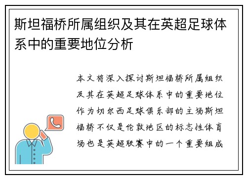 斯坦福桥所属组织及其在英超足球体系中的重要地位分析 斯坦福桥所属组织及其在英超足球体系中的重要地位分析