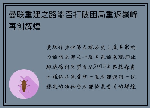 曼联重建之路能否打破困局重返巅峰再创辉煌